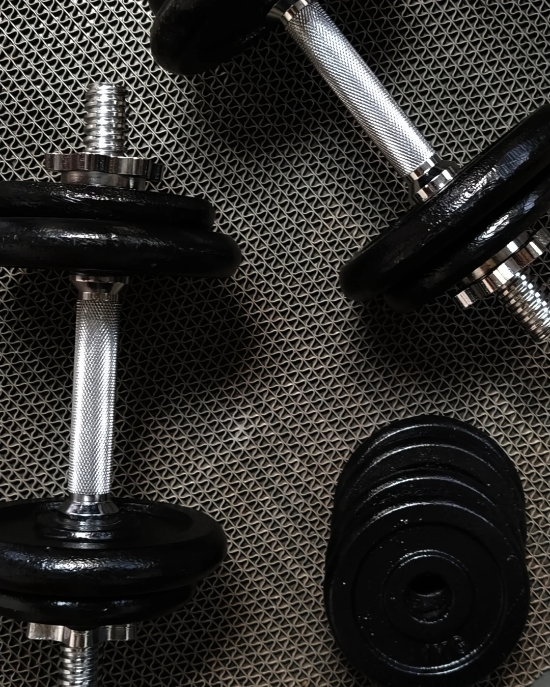 Dumbbells and weight plates arranged on a gym floor